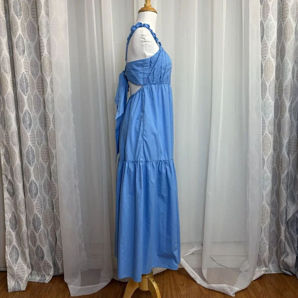 Abercrombie & Fitch Tiered Bow Back Ruffle Poplin Maxi Dress coastal blue Size M